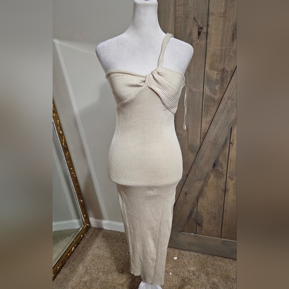 YACHT CLUB Knit One Shoulder Side Slit Midi Dress In Beige. Size S/M NWT - Picture 7 of 13